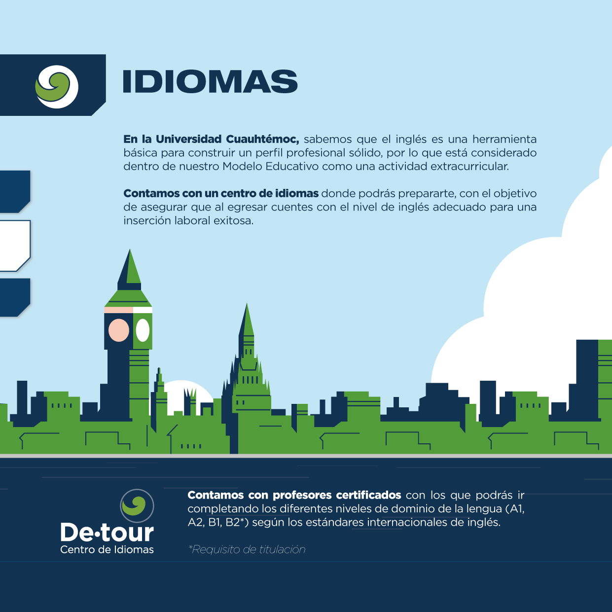 No pierdas la gran oportunidad de aprender otro idioma en el Centro de Idiomas De.tour, que es parte de la Universidad Cuauhtémoc. 